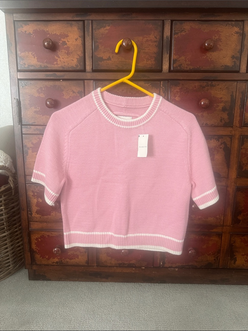 Abercrombie & Fitch Pink Short-Sleeve Crew Sweater with White Trim
